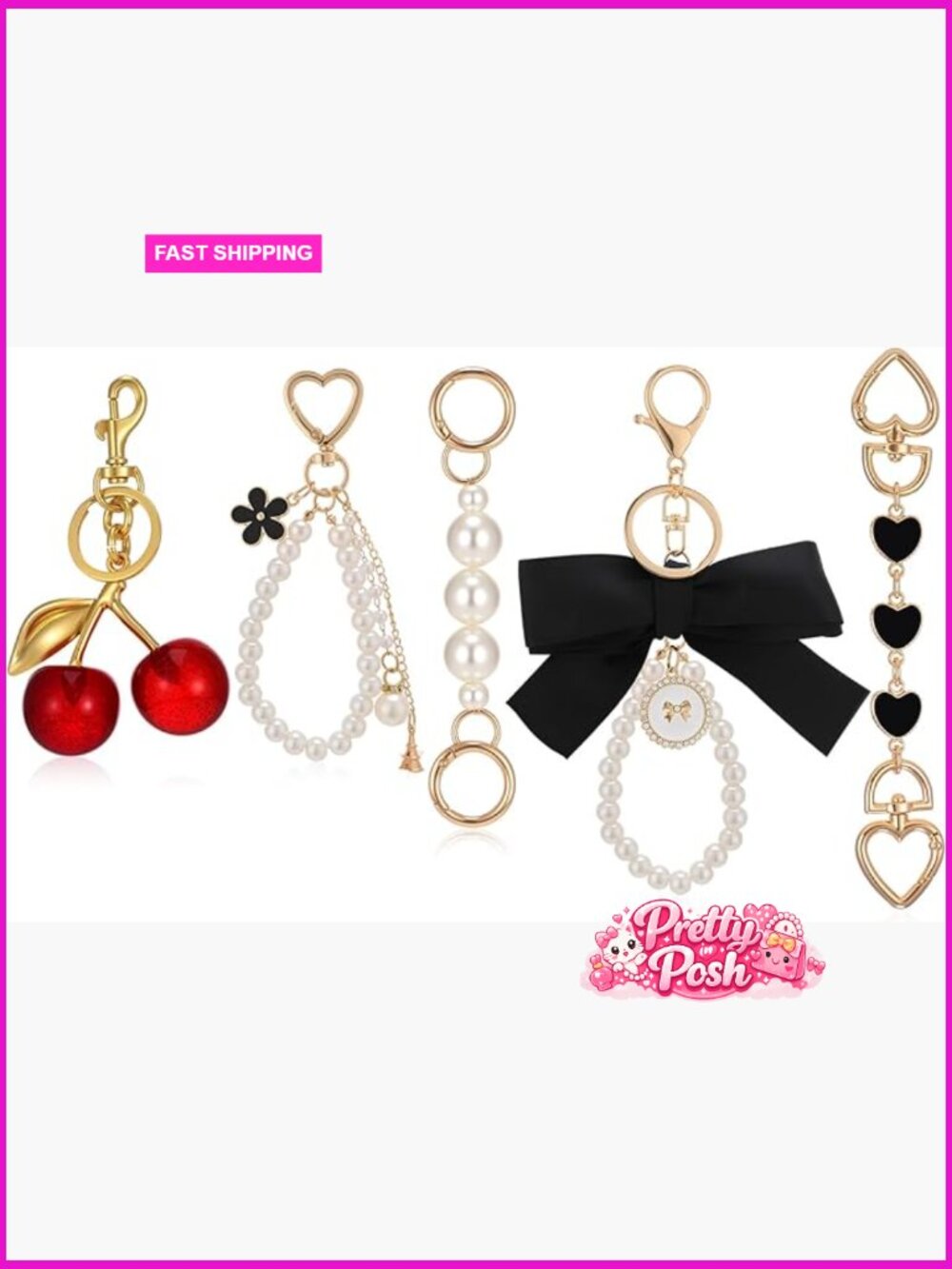 5pcs Bag Charms Set with Chain Pearl Bow Ribbon Cherry Charm Keychain Purse